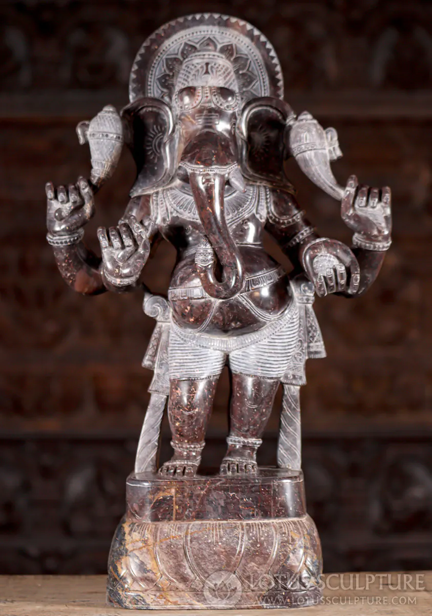Standing Ganesha Black Marble Sculpture with Tusk, Goad, Noose & Sweets on Lotus Base 21"